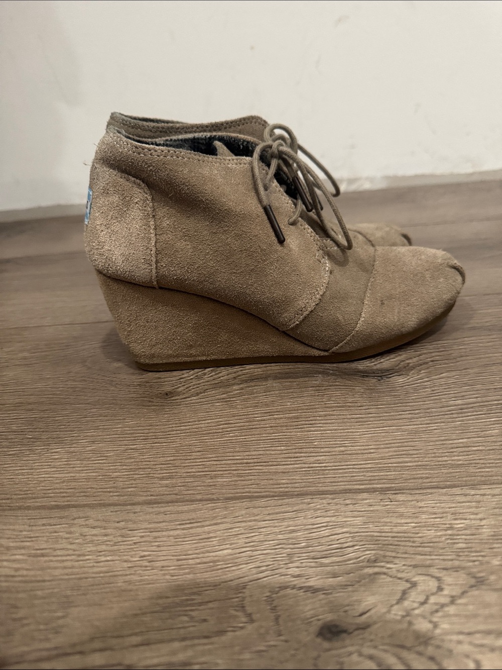 Toms Taupe Suede Lace-Up Wedge Booties